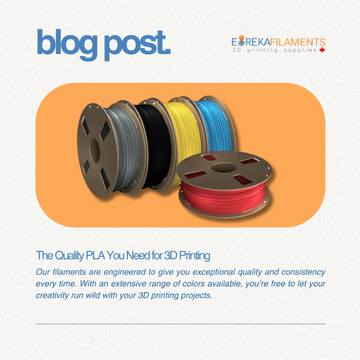 Spools of high-quality PLA 3D printing filament in various colors (gray, black, yellow, blue, and red), manufactured by EurekaFilaments.