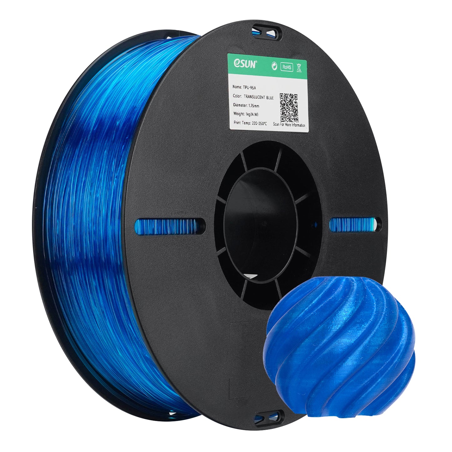 eSUN TPU-95A color TRANSLUCENT BLUE 3D Printer Filament 1.75mm, 1kg.