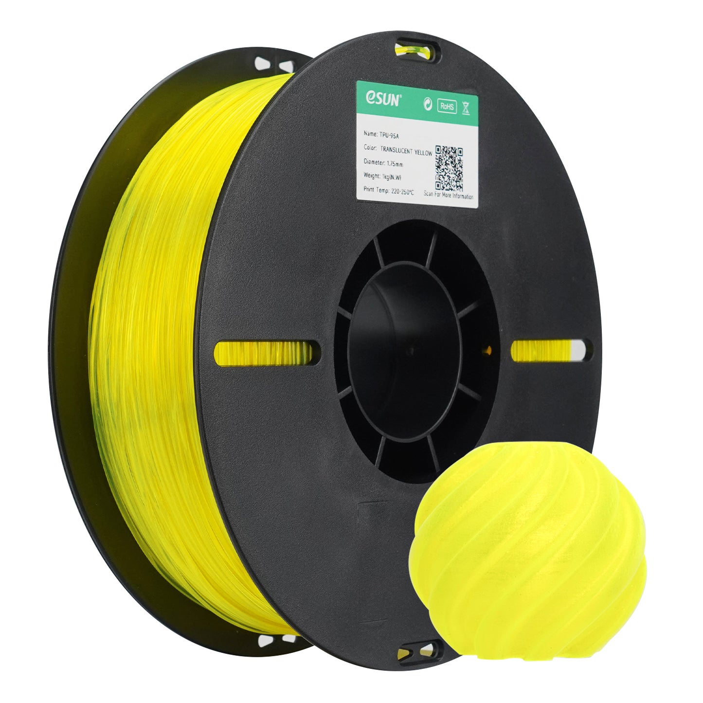 eSUN TPU-95A color TRANSLUCENT YELLOW 3D Printer Filament 1.75mm, 1kg.